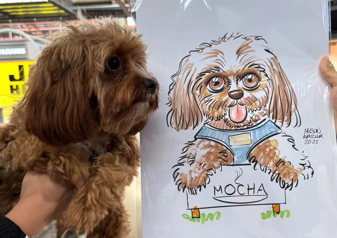Hand-drawn caricature of a pet