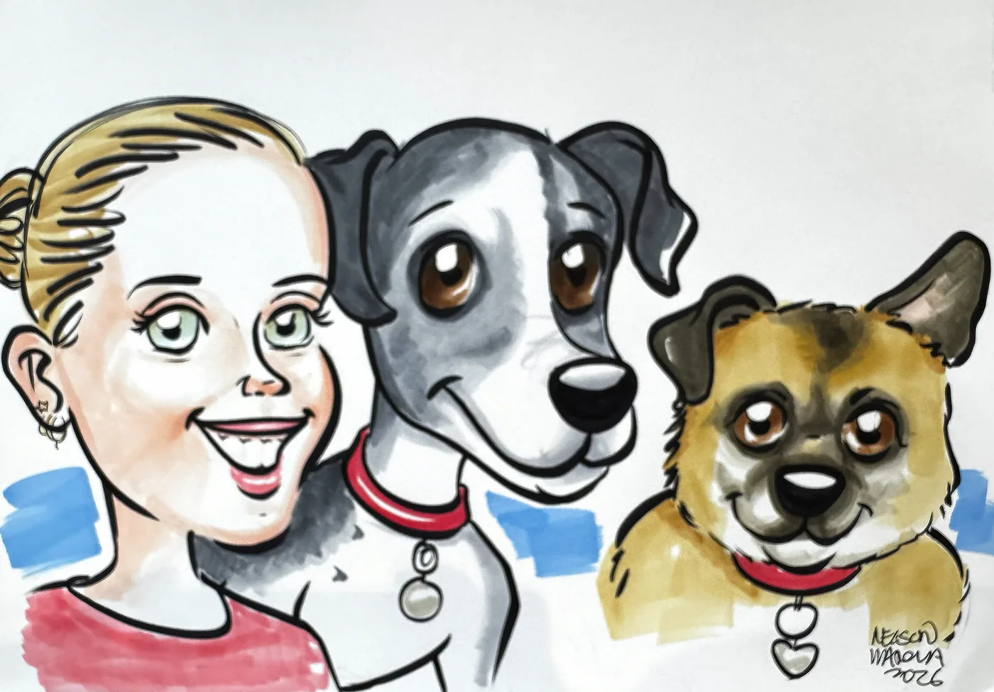 Hand-drawn caricature of a pet