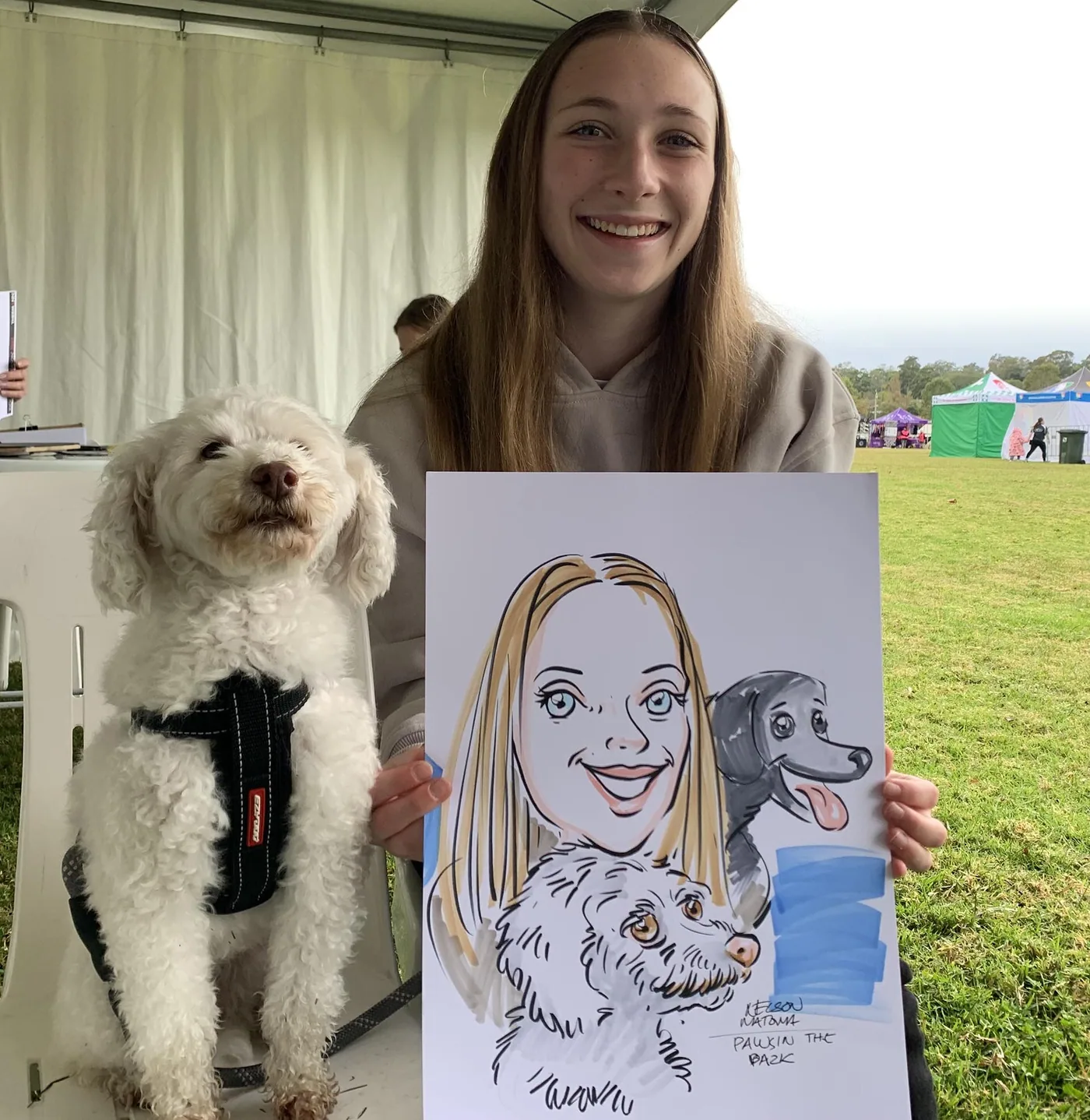 Hand-drawn caricature of a pet