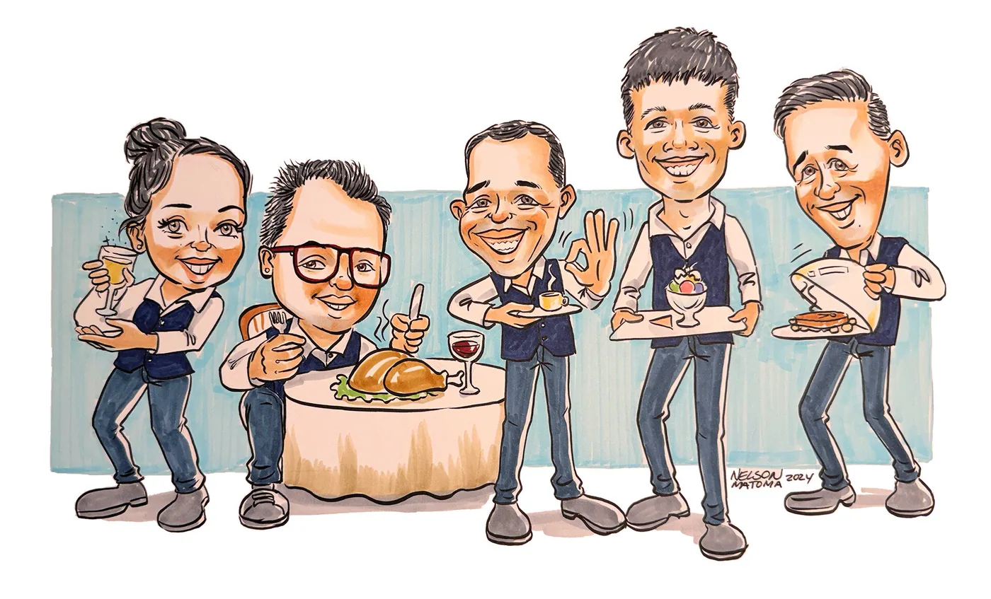 Hand-drawn caricature featuring a group of people