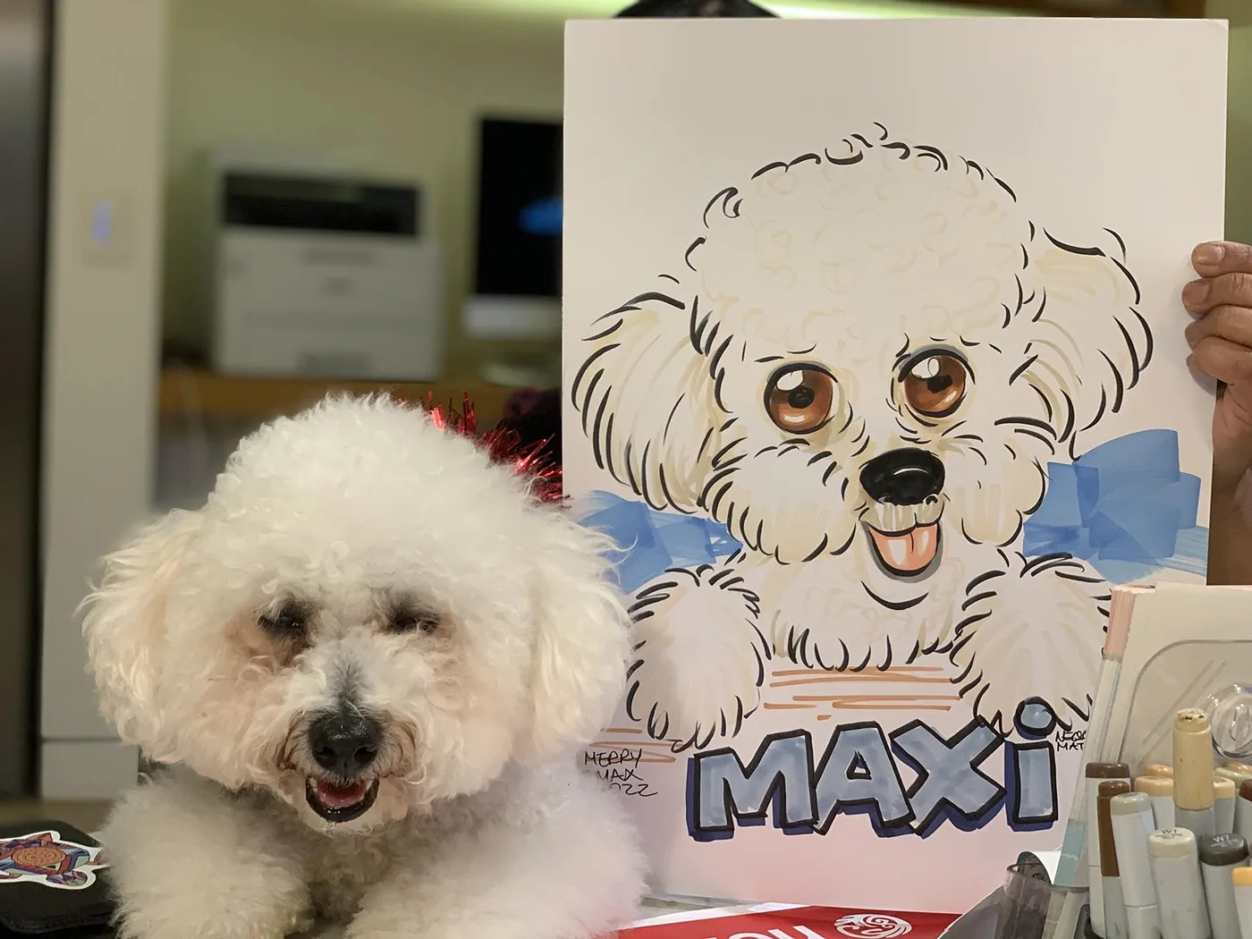 Hand-drawn caricature of a pet