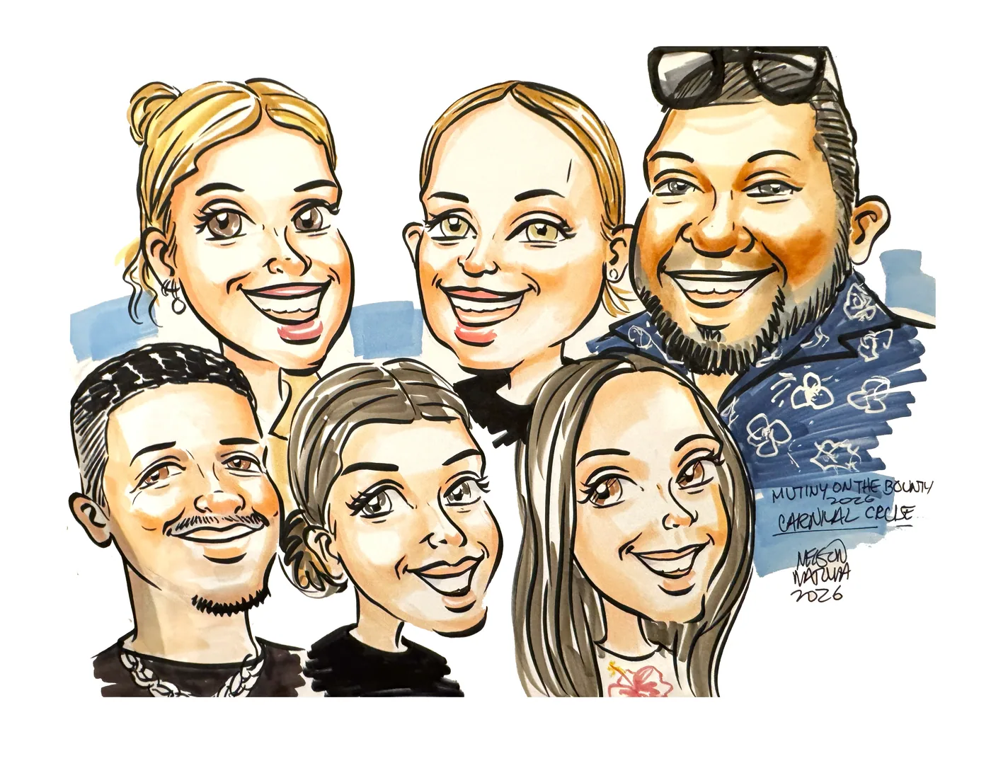 Hand-drawn caricature featuring a group of people
