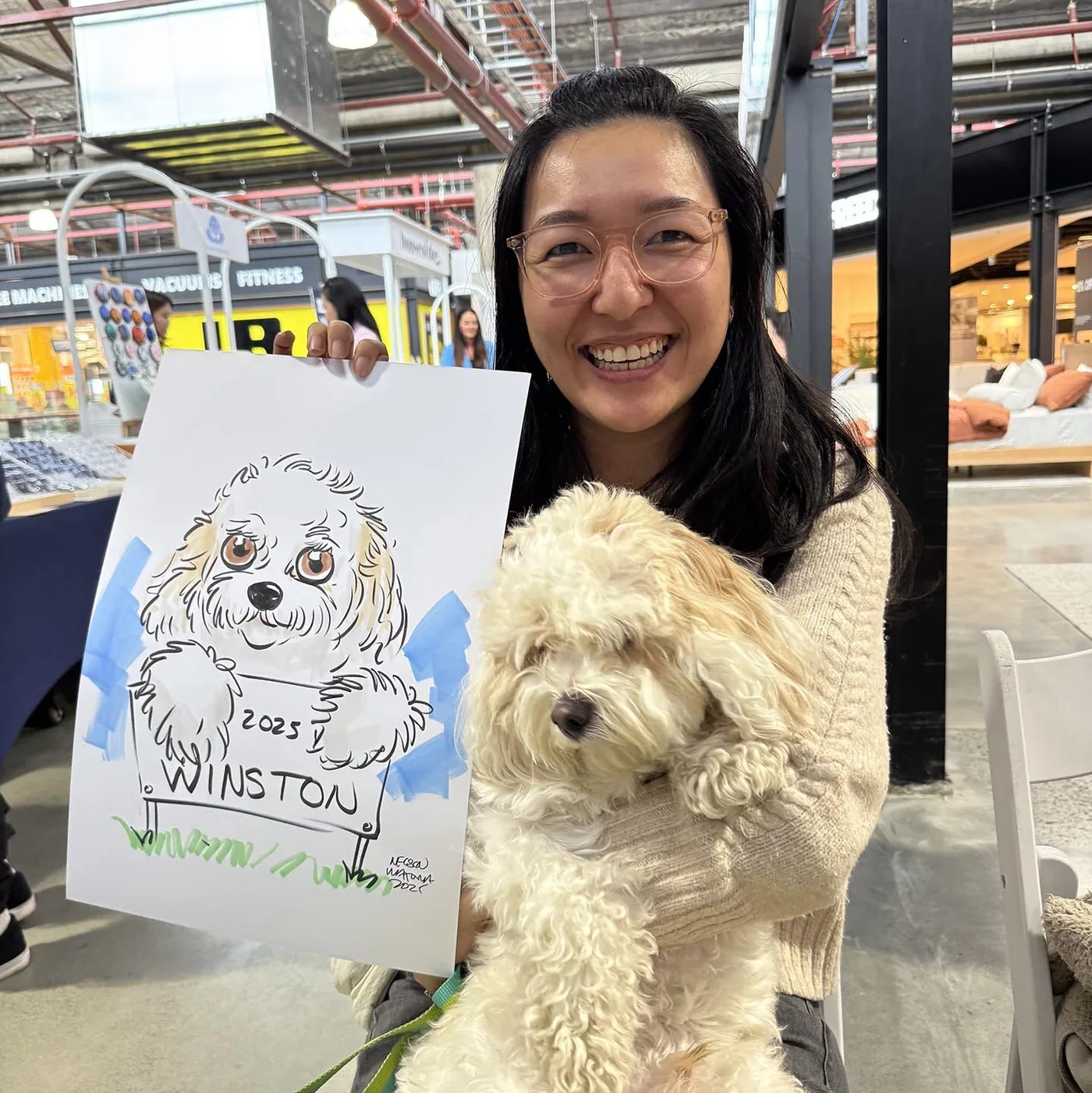 Hand-drawn caricature of a pet