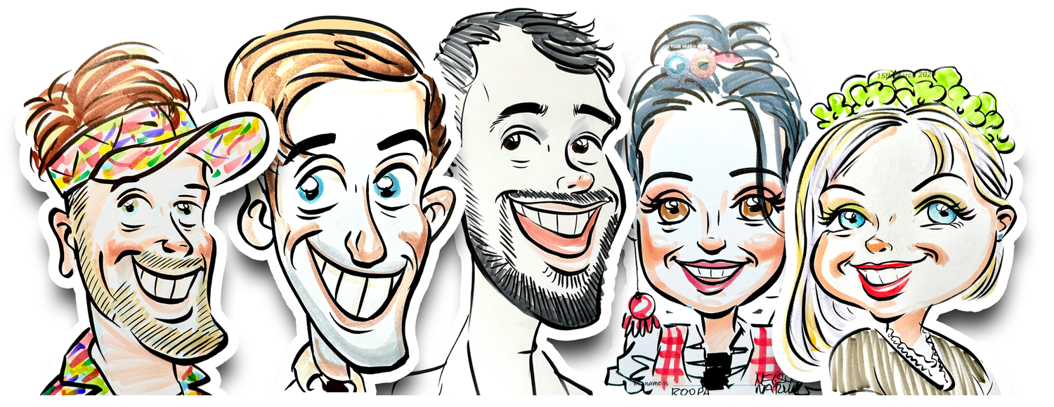 A row of Nelson Matoma's live caricatures drawn at events