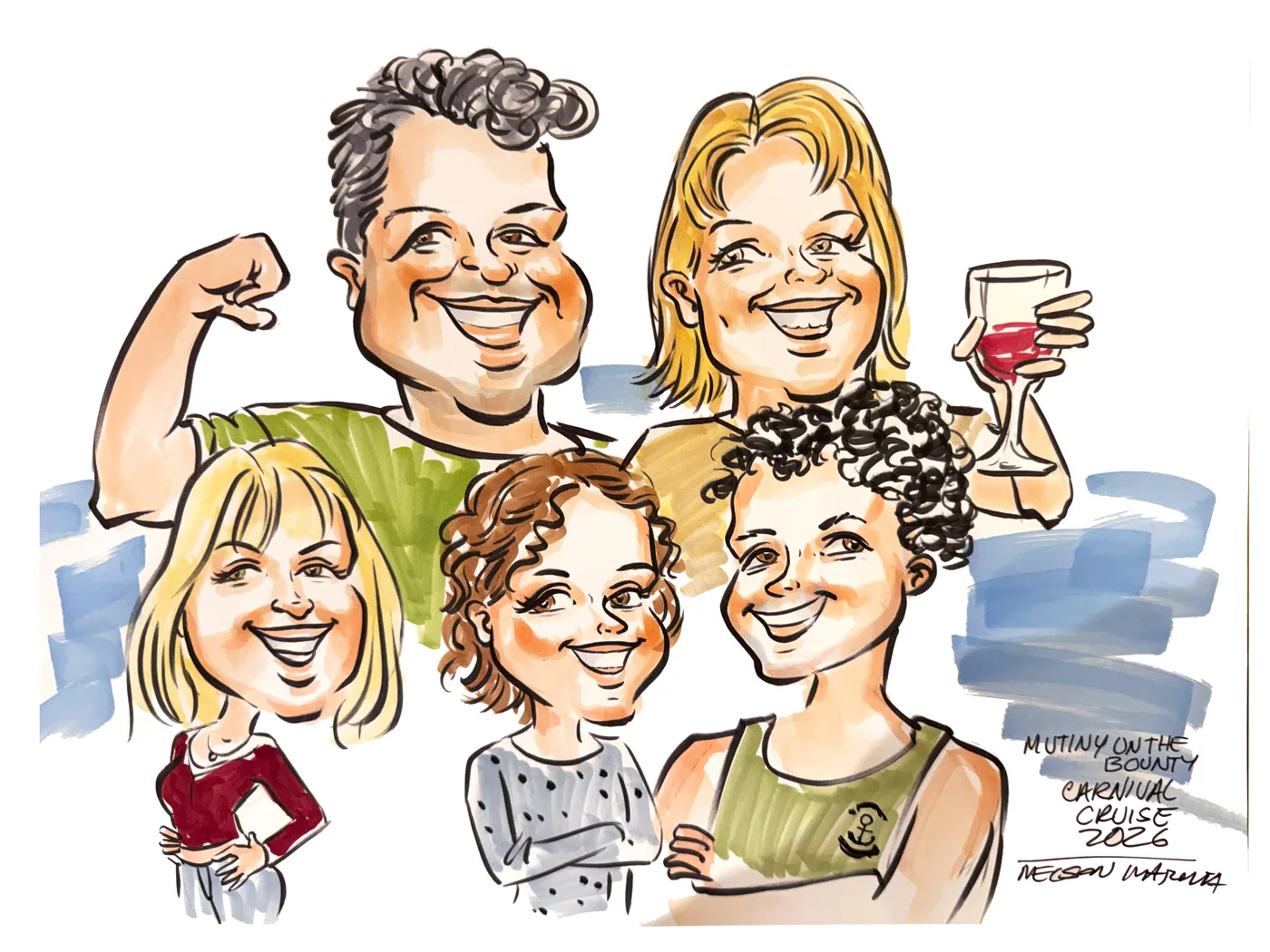 Hand-drawn caricature featuring a group of people