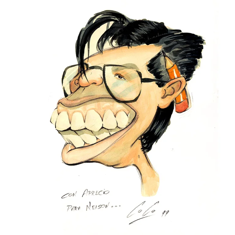 Self-caricature of Nelson Matoma drawing at a desk