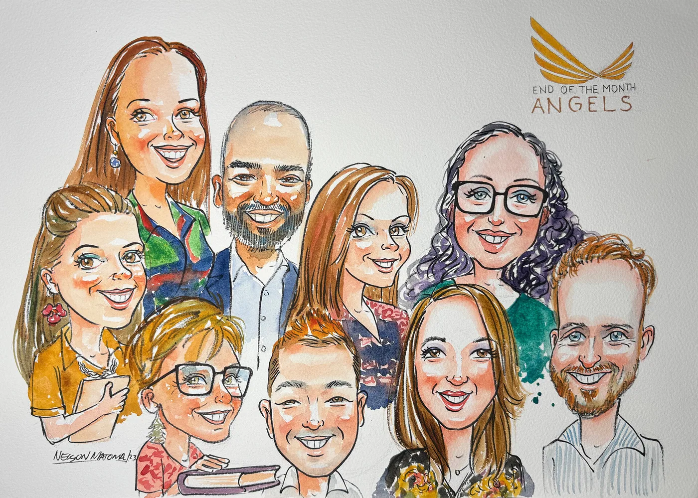 Hand-drawn caricature featuring a group of people