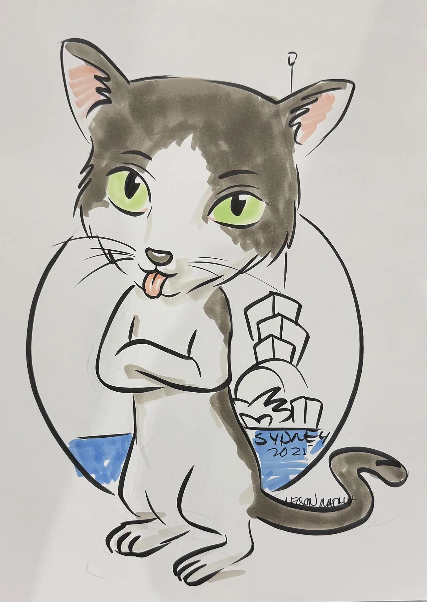 Hand-drawn caricature of a pet
