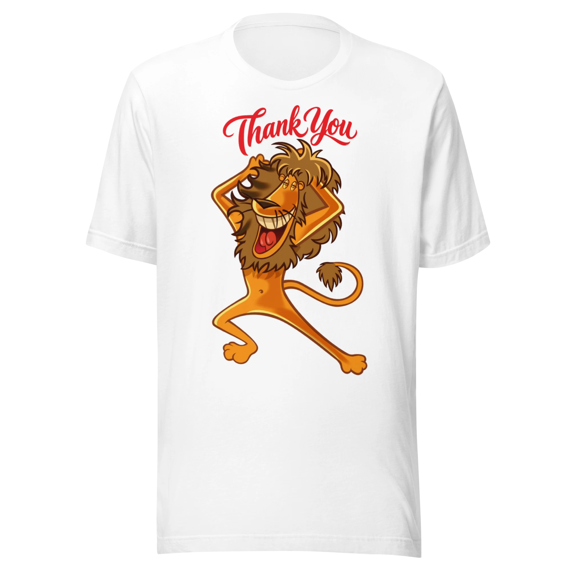 White unisex t-shirt on a hanger, printed with a grinning lion and red Thank You lettering