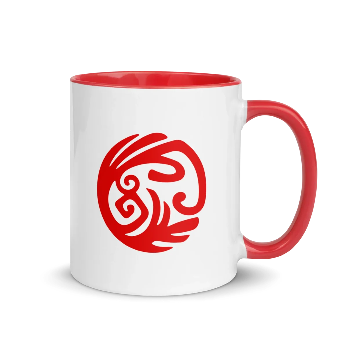 White mug with a red inside and handle, printed with the Nelson Matoma emblem, handle on the right