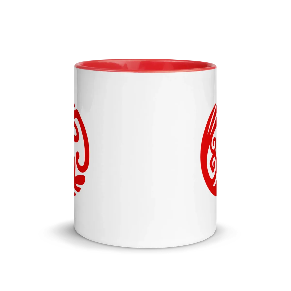 The mug seen from the side, with the emblem printed on both sides